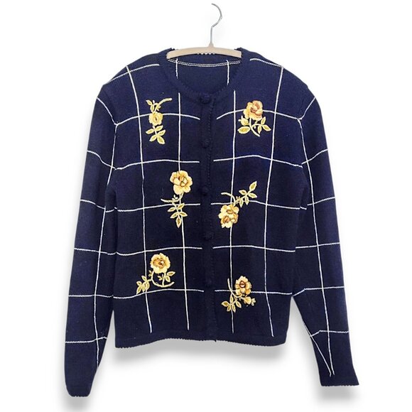 vintage 90's acrylic wool grid floral embroidered chunky granny cardigan S/M - Picture 2 of 6